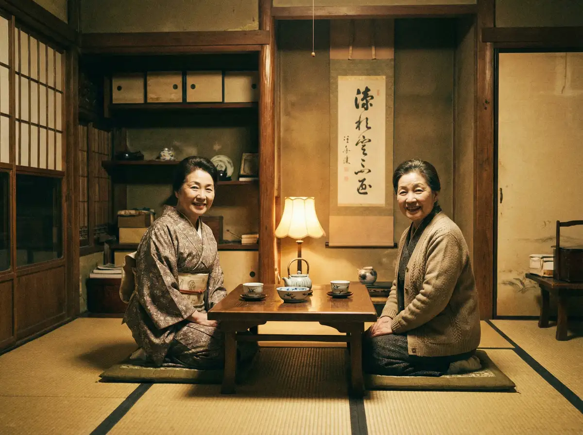 两位优雅的 吉祥坊app 在日式茶室中品茶交谈